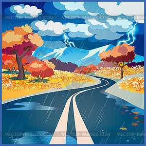 Autumn rainy road - vector clipart