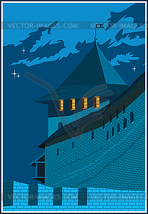Замковая башня в ночное время - рисунок в векторе