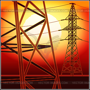 High-voltage lines at sunset - vector image