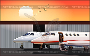 Luxury business jets at sunset - vector image