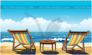 Two chaise lounges on beach - vector image