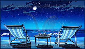 Two chaise lounges on beach at night - vector clip art