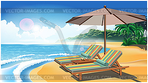 Two deck chairs and an umbrella on beach - vector clipart