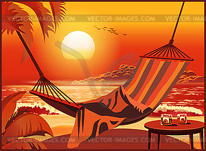 Hammock on beach at sunset - vector clip art