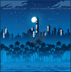 City lights and palm trees at night - stock vector clipart