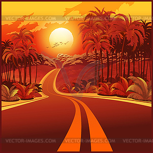 Road through jungle at sunset - vector image