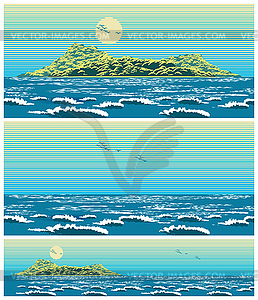 Landscape of open sea with island retro style - vector image