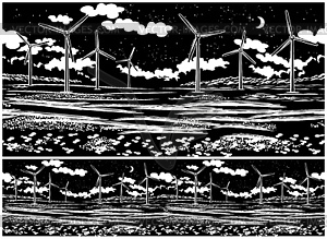 Picturesque field and wind generators at night - vector image