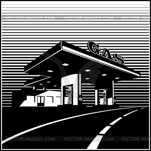 Gas station on road retro style - vector image