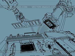 Industrial robots assemble computer - vector clip art