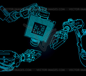 Промышленные манипуляторы и микрочип - иллюстрация в векторном формате