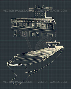 Large container ship blueprint - vector image