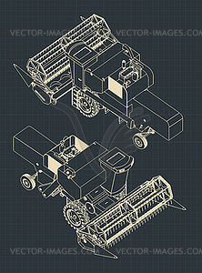 Combine Harvester blueprints isometric - vector clipart