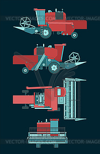 Combine Harvester colorful blueprints - vector image