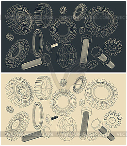 Set of sketches of various gears - vector clip art