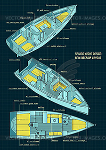 Дизайн парусной яхты и цветовая схема интерьера - цветной векторный клипарт