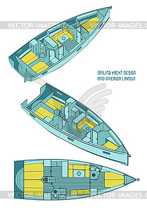Дизайн парусной яхты и макет интерьера - векторная графика