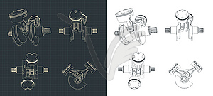 Two-cylinder engine piston block drawings - vector image