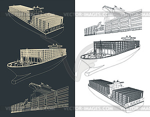 Container ship drawings - color vector clipart