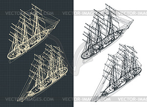 Large sailing ship isometric drawings with sails - vector image