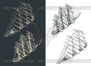 Large sailing ship isometric drawings - vector clipart