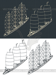 Large modern sailing ship isometric drawings - vector clipart