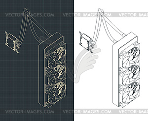 Liquid cooling system isometric blueprints - vector image