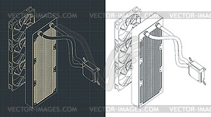 Liquid cooling system isometric drawings - vector image