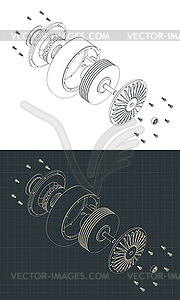 Disassembled Turbo pump isometric blueprints - vector clip art