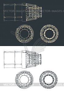 Thrust control nozzle blueprints - vector image