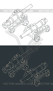 Vintage Naval Cannon Isometric Drawings - vector image