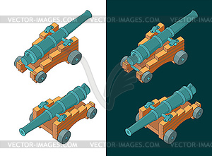 Vintage Naval Cannon Isometric Color Drawings - vector clip art