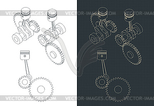 Piston and crank mechanism drawings - vector clipart