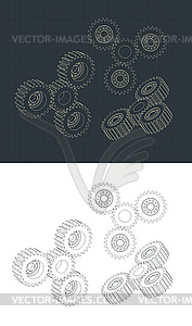 Planetary gear system drawings - vector image