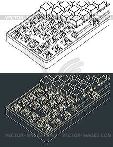 Изометрические чертежи механической клавиатуры - векторный эскиз