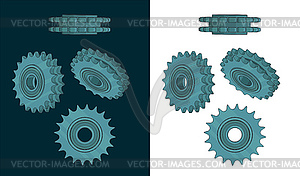 Double chain sprocket color drawings - vector clipart