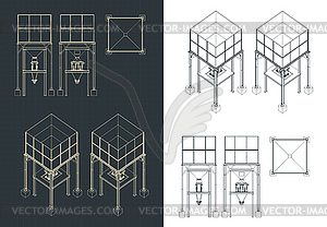 Storage and buffer Silo blueprints set - vector clipart