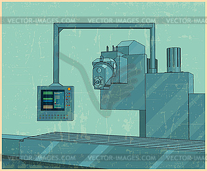 Заводская линия с панелью управления в стиле ретро постер - стоковое векторное изображение