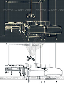 Conveyor line and robotic manipulator drawings - vector image