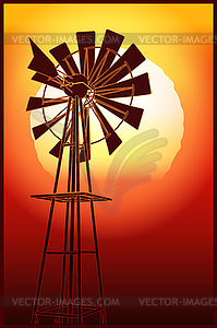 Farm windmill at sunset - vector image