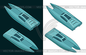 High speed catamaran color isometric drawings - vector image