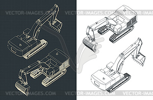 Изометрические чертежи мощного экскаватора - цветной векторный клипарт