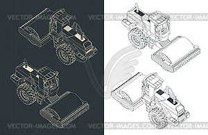 Road roller isometric blueprints - vector clipart