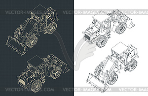 Wheel loader isometric blueprints - color vector clipart