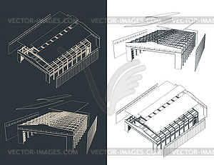 Disassembled large industrial hangar - vector image