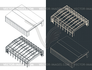 Large industrial hangar isometric blueprints - vector image