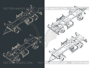 Container trailer isometric blueprints - vector clipart