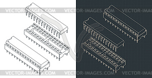 Microcontroller and DIP socket isometric blueprints - royalty-free vector clipart