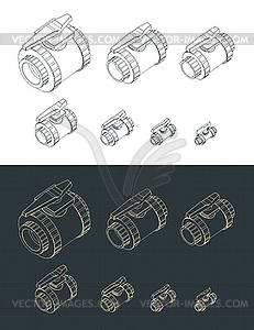 Ball valves isometric blueprints set - vector clipart