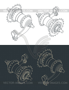 Coaster brake hub isometric blueprints - vector image